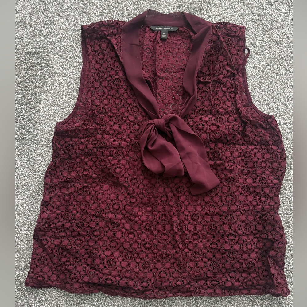 Banana Republic Deep Red Lace Tie-Neck Blouse